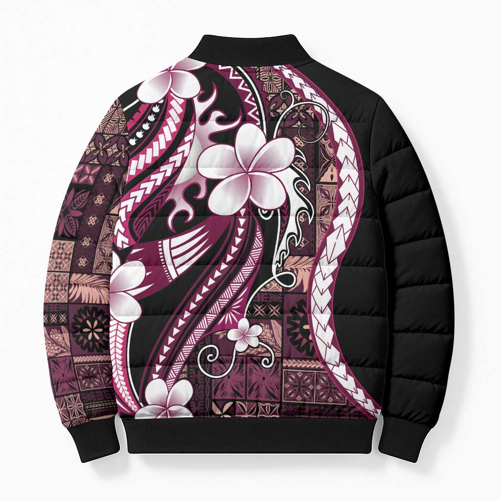Samoa Siapo Tribal Pattern Bomber Puffer Jacket Violet Polynesian Plumeria Tapa Motif
