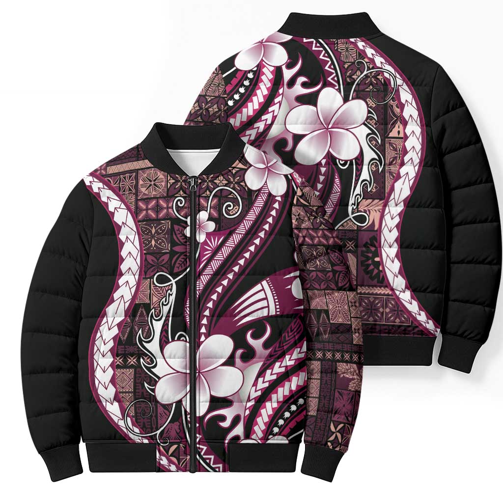 Samoa Siapo Tribal Pattern Bomber Puffer Jacket Violet Polynesian Plumeria Tapa Motif