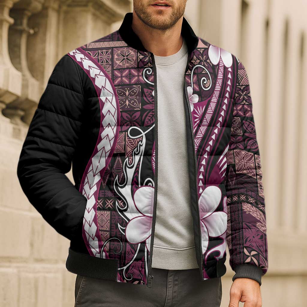 Samoa Siapo Tribal Pattern Bomber Puffer Jacket Violet Polynesian Plumeria Tapa Motif