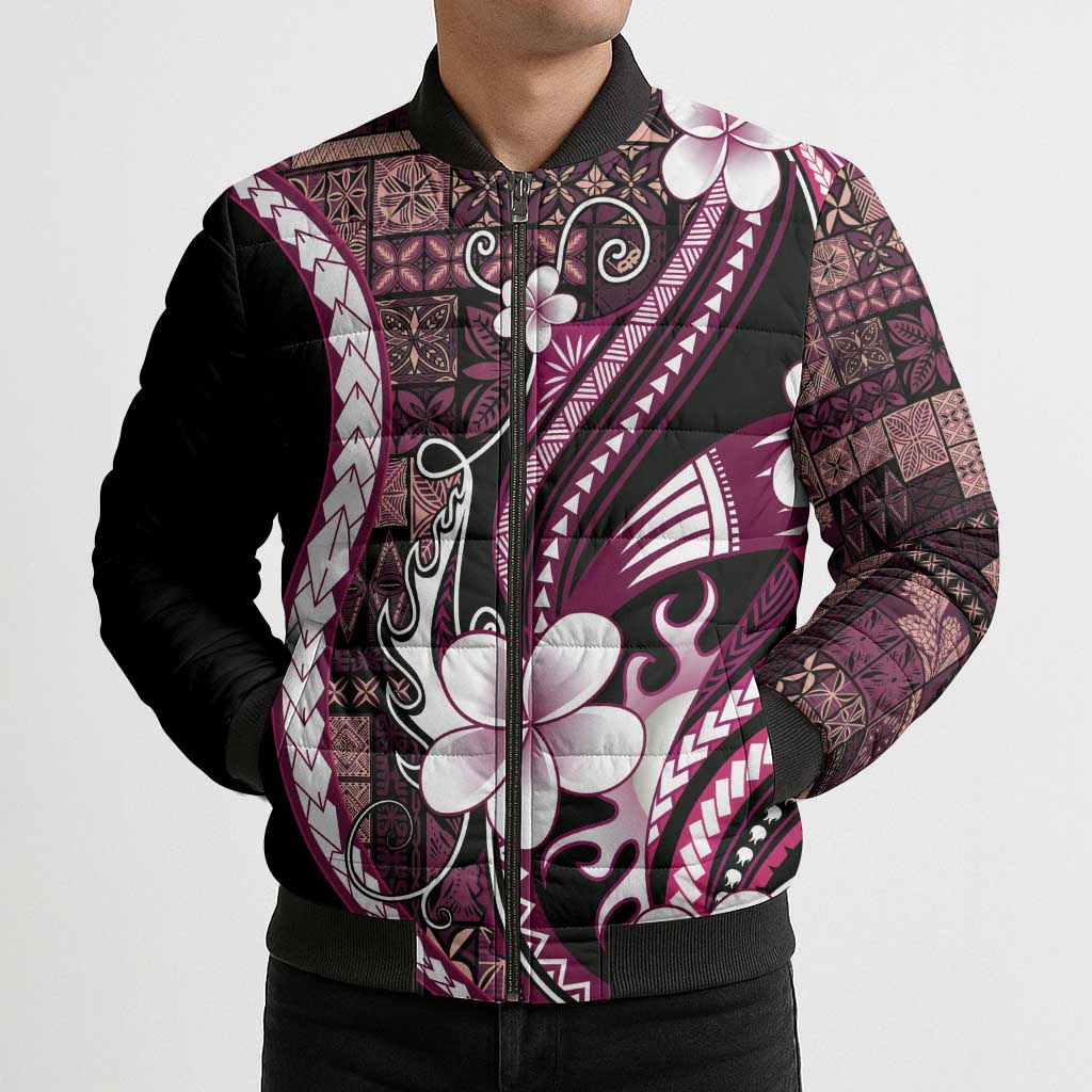Samoa Siapo Tribal Pattern Bomber Puffer Jacket Violet Polynesian Plumeria Tapa Motif