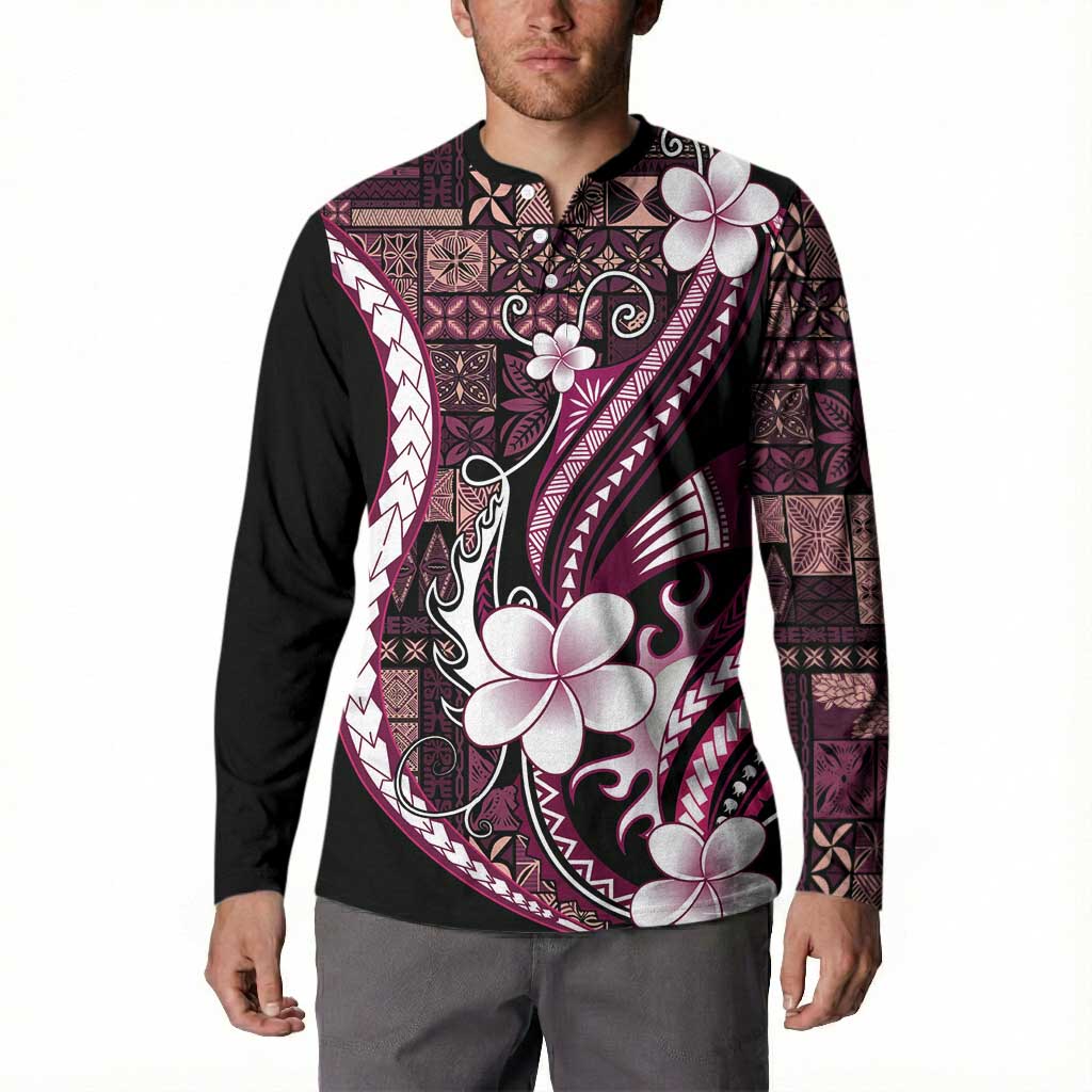 Samoa Siapo Tribal Pattern Button Sweatshirt Violet Polynesian Plumeria Tapa Motif LT9 - Polynesian Pride