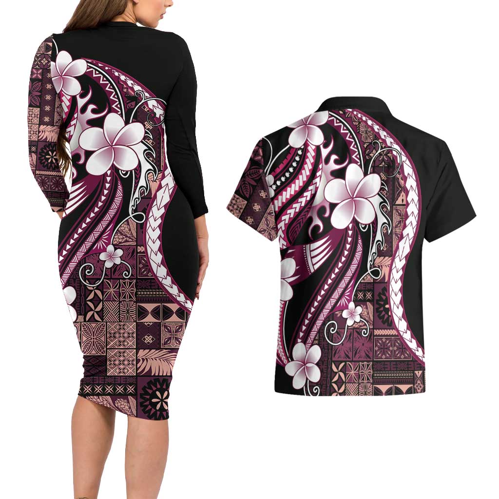 Samoa Siapo Tribal Pattern Couples Matching Long Sleeve Bodycon Dress and Hawaiian Shirt Violet Polynesian Plumeria Tapa Motif