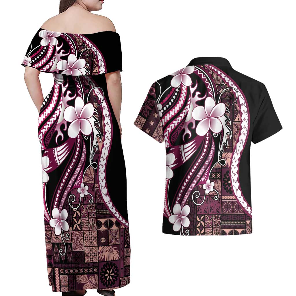 Samoa Siapo Tribal Pattern Couples Matching Off Shoulder Maxi Dress and Hawaiian Shirt Violet Polynesian Plumeria Tapa Motif