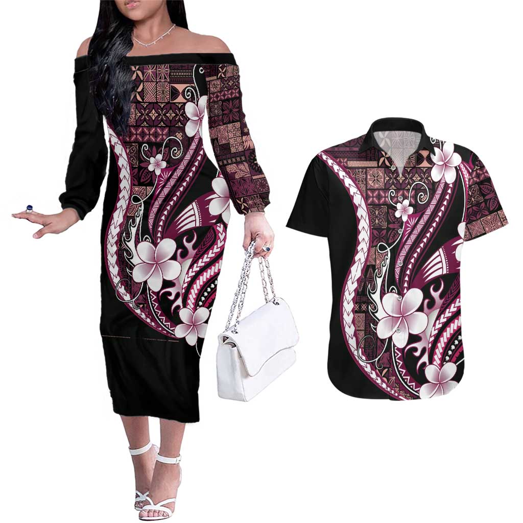 Samoa Siapo Tribal Pattern Couples Matching Off The Shoulder Long Sleeve Dress and Hawaiian Shirt Violet Polynesian Plumeria Tapa Motif LT9 Violet - Polynesian Pride