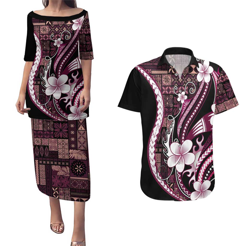 Samoa Siapo Tribal Pattern Couples Matching Puletasi and Hawaiian Shirt Violet Polynesian Plumeria Tapa Motif LT9 Violet - Polynesian Pride