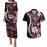 Samoa Siapo Tribal Pattern Couples Matching Puletasi and Hawaiian Shirt Violet Polynesian Plumeria Tapa Motif LT9 Violet - Polynesian Pride