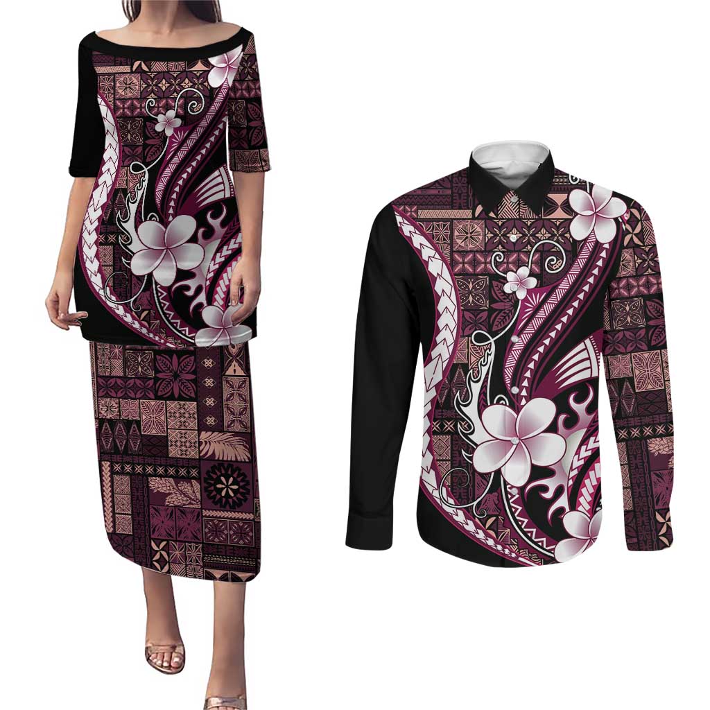 Samoa Siapo Tribal Pattern Couples Matching Puletasi and Long Sleeve Button Shirt Violet Polynesian Plumeria Tapa Motif LT9 Violet - Polynesian Pride