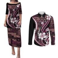Samoa Siapo Tribal Pattern Couples Matching Puletasi and Long Sleeve Button Shirt Violet Polynesian Plumeria Tapa Motif LT9 Violet - Polynesian Pride