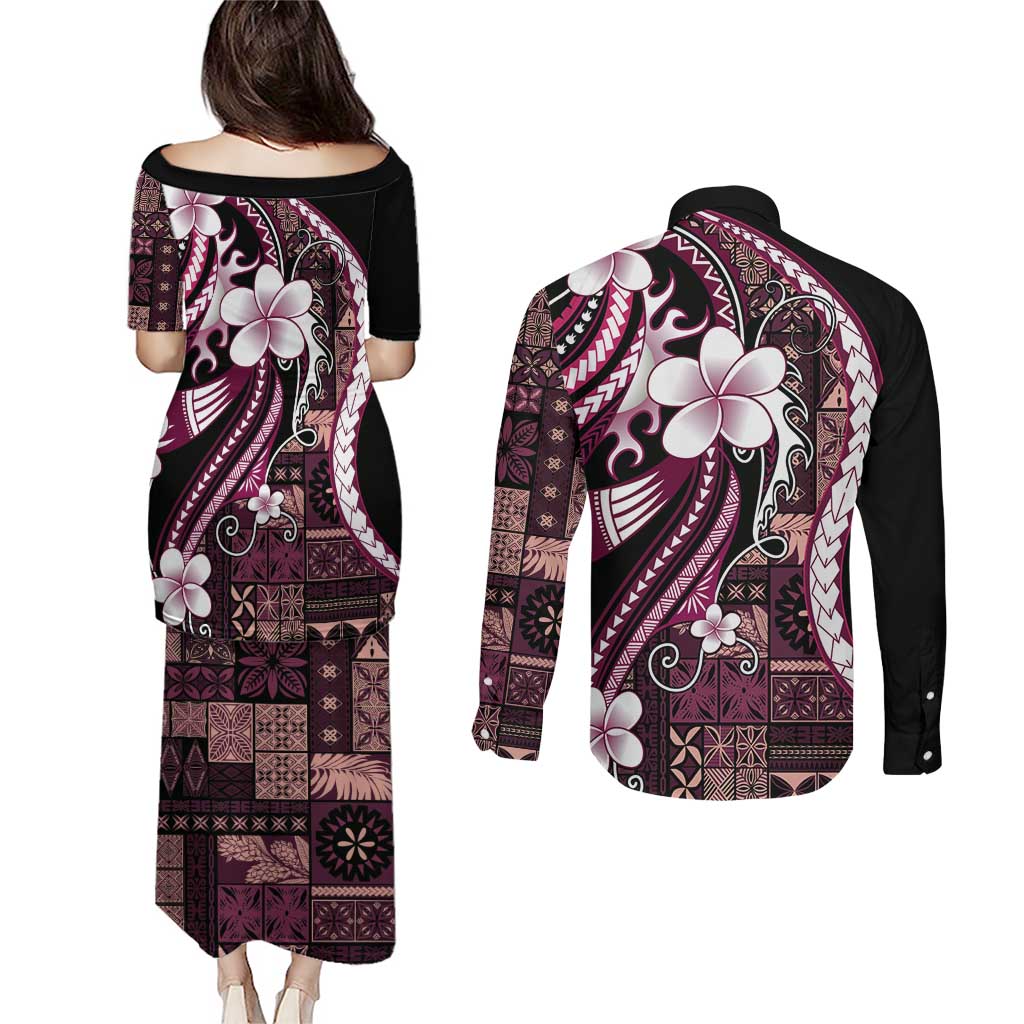 Samoa Siapo Tribal Pattern Couples Matching Puletasi and Long Sleeve Button Shirt Violet Polynesian Plumeria Tapa Motif LT9 - Polynesian Pride