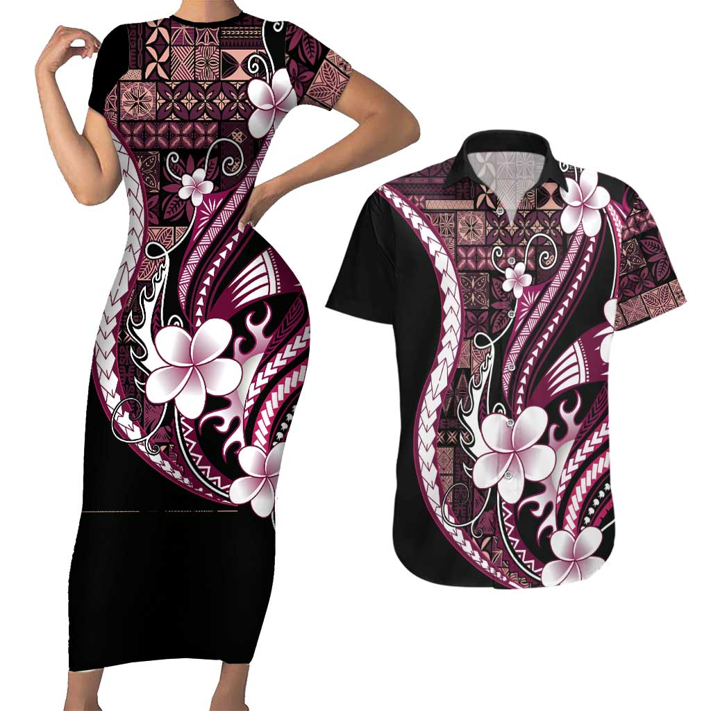 Samoa Siapo Tribal Pattern Couples Matching Short Sleeve Bodycon Dress and Hawaiian Shirt Violet Polynesian Plumeria Tapa Motif LT9 Violet - Polynesian Pride