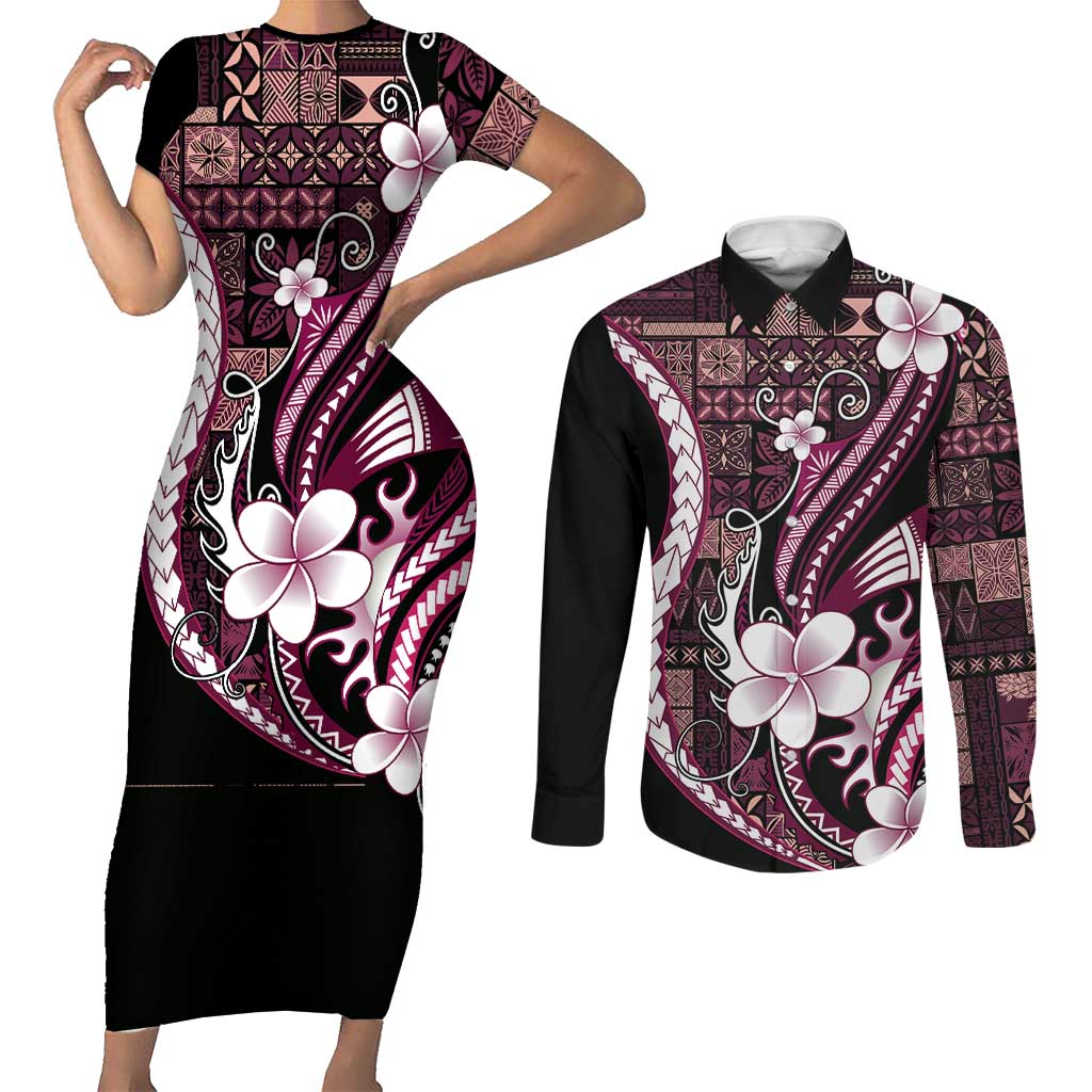 Samoa Siapo Tribal Pattern Couples Matching Short Sleeve Bodycon Dress and Long Sleeve Button Shirt Violet Polynesian Plumeria Tapa Motif LT9 Violet - Polynesian Pride