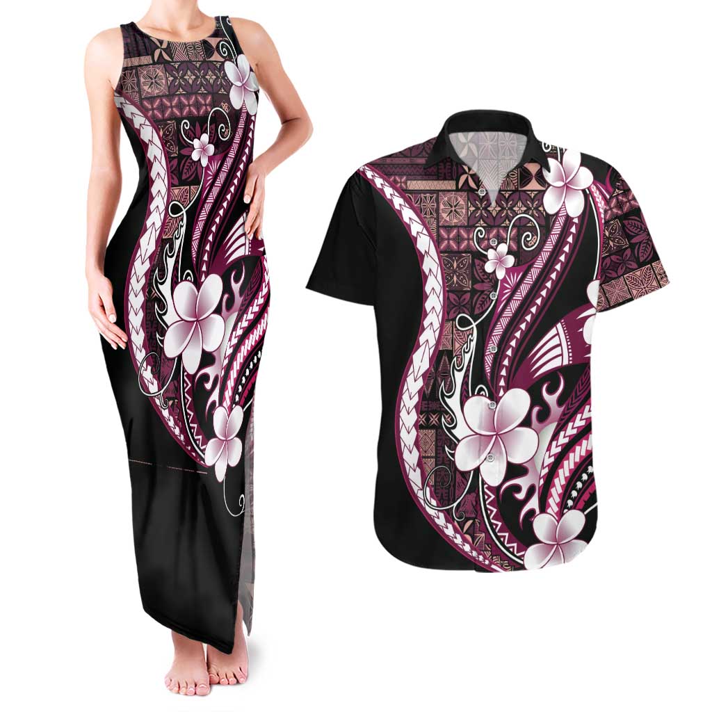 Samoa Siapo Tribal Pattern Couples Matching Tank Maxi Dress and Hawaiian Shirt Violet Polynesian Plumeria Tapa Motif