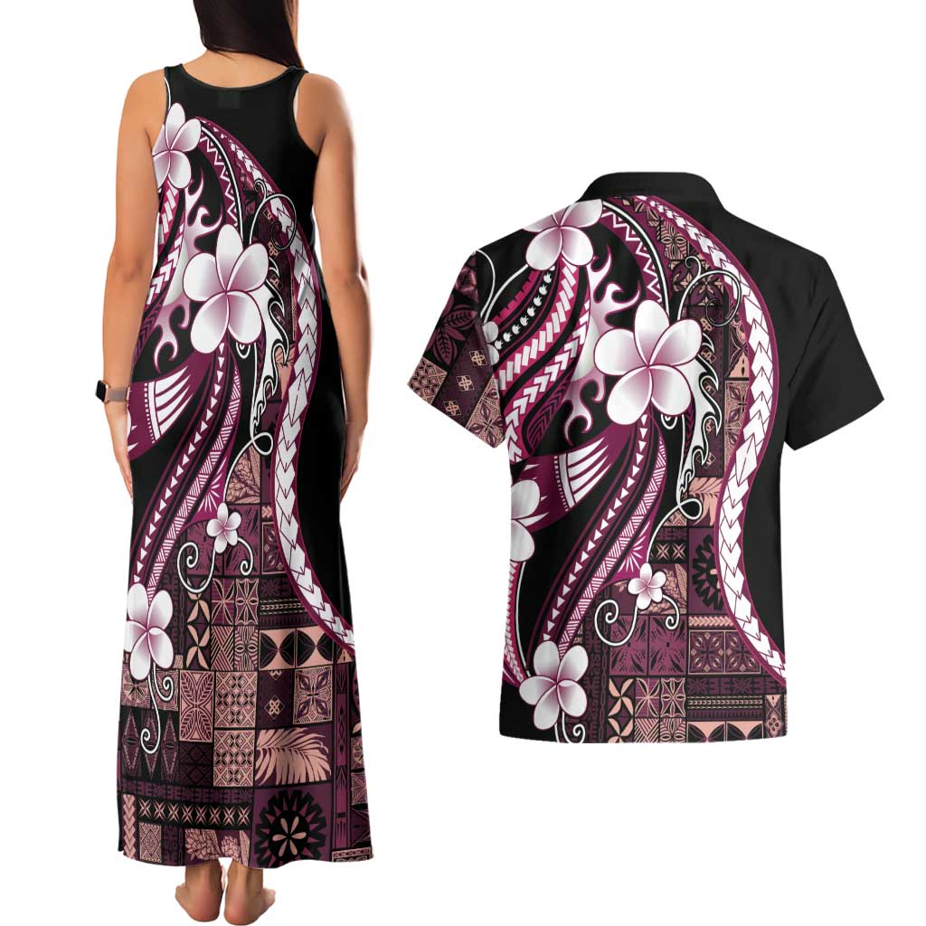 Samoa Siapo Tribal Pattern Couples Matching Tank Maxi Dress and Hawaiian Shirt Violet Polynesian Plumeria Tapa Motif