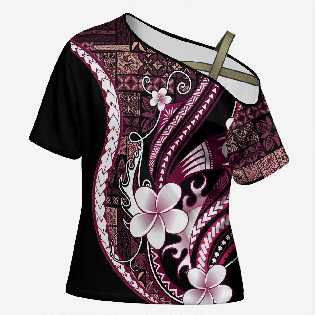 Samoa Siapo Tribal Pattern Cross Shoulder Shirt Violet Polynesian Plumeria Tapa Motif LT9 Female Violet - Polynesian Pride