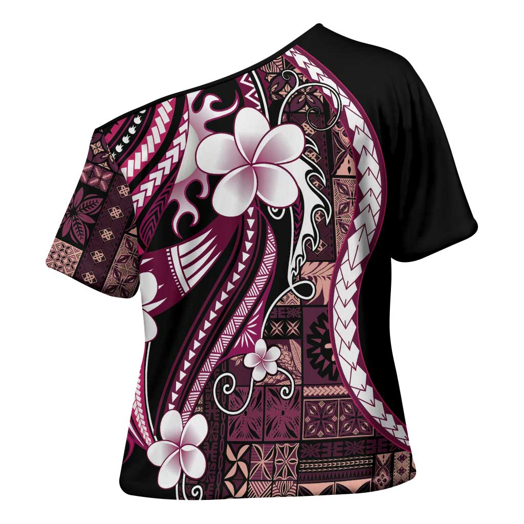 Samoa Siapo Tribal Pattern Cross Shoulder Shirt Violet Polynesian Plumeria Tapa Motif LT9 - Polynesian Pride