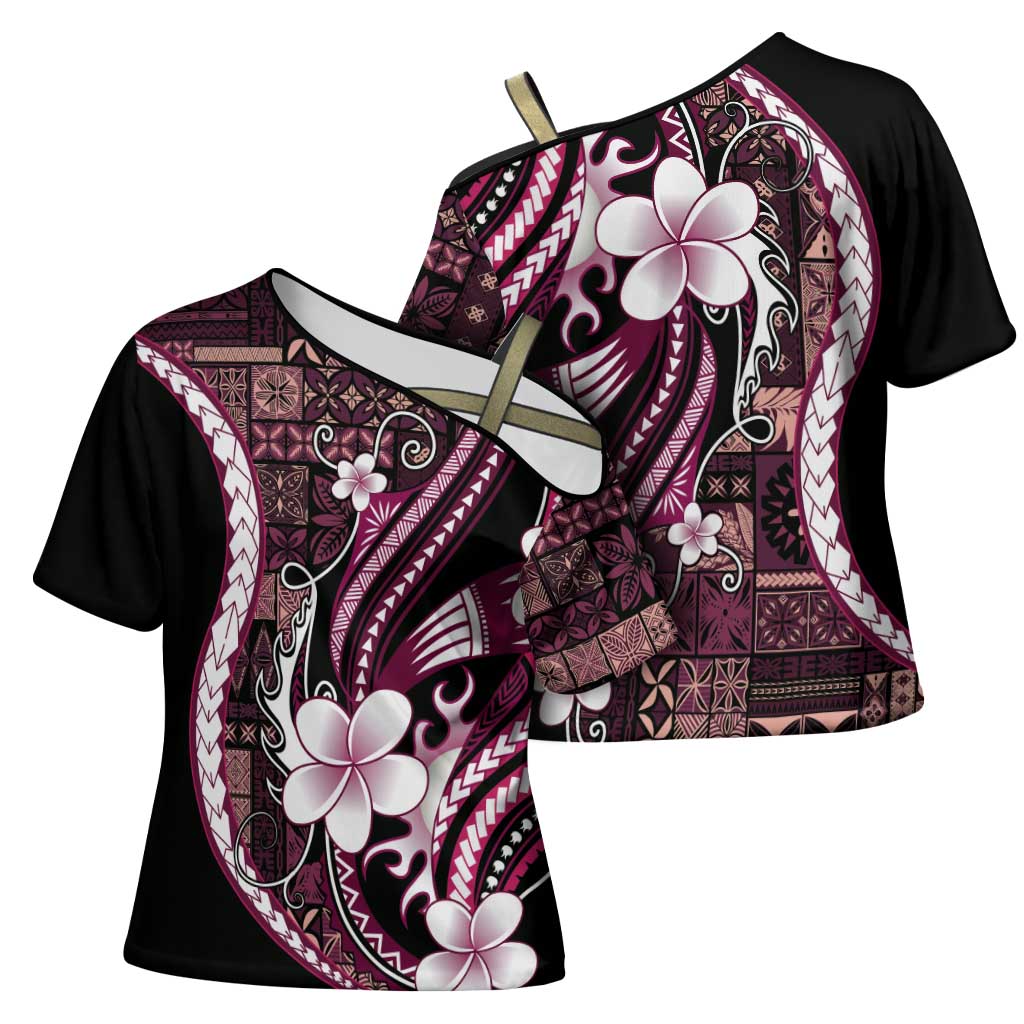 Samoa Siapo Tribal Pattern Cross Shoulder Shirt Violet Polynesian Plumeria Tapa Motif LT9 - Polynesian Pride