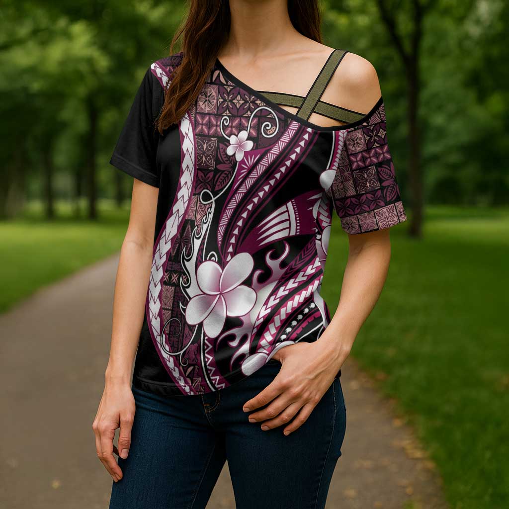 Samoa Siapo Tribal Pattern Cross Shoulder Shirt Violet Polynesian Plumeria Tapa Motif LT9 - Polynesian Pride