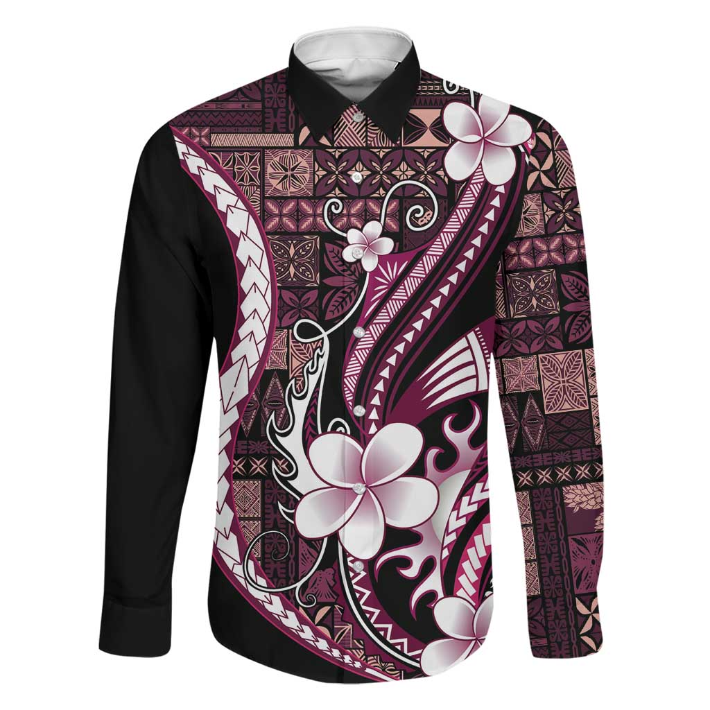 Samoa Siapo Tribal Pattern Family Matching Off Shoulder Maxi Dress and Hawaiian Shirt Violet Polynesian Plumeria Tapa Motif