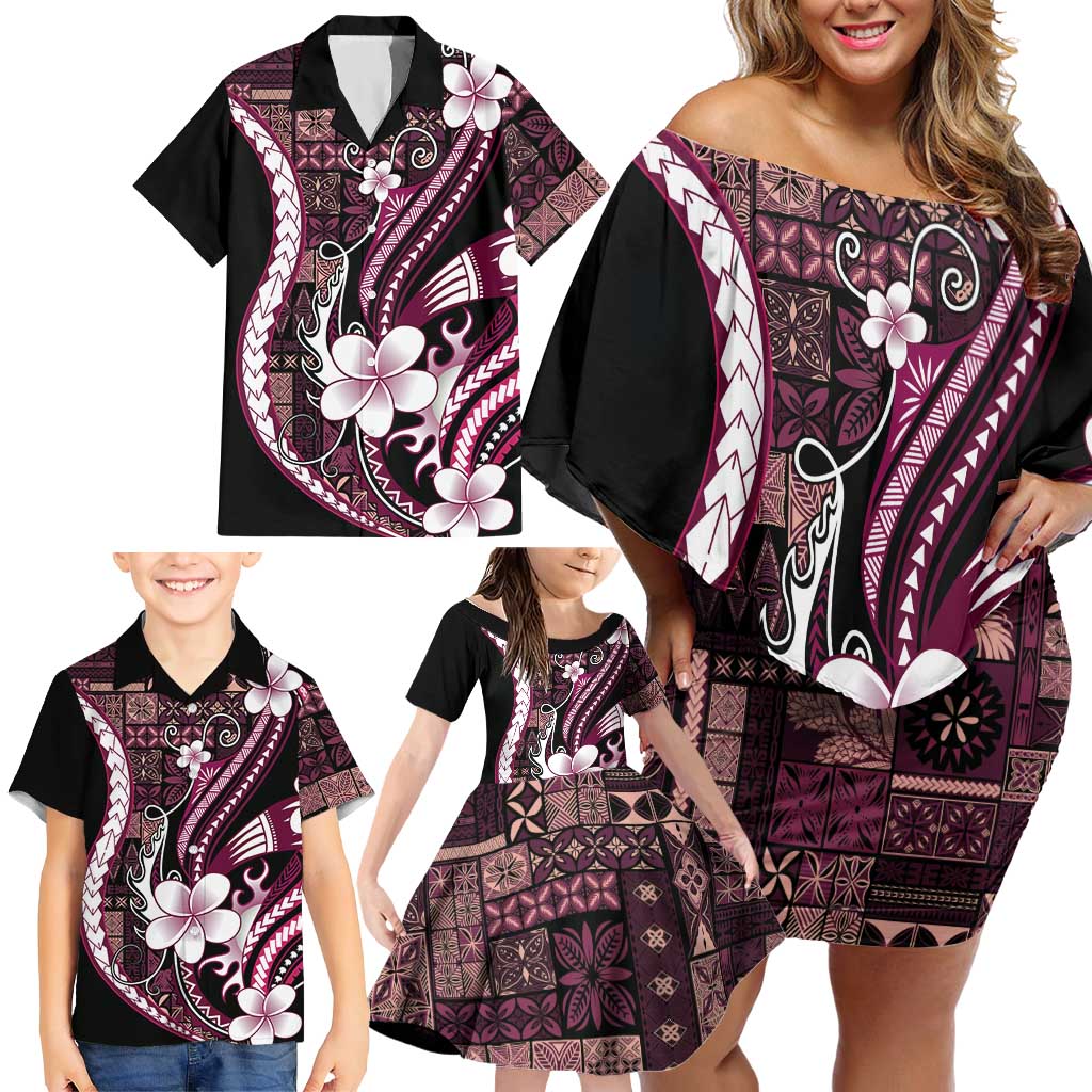 Samoa Siapo Tribal Pattern Family Matching Off Shoulder Short Dress and Hawaiian Shirt Violet Polynesian Plumeria Tapa Motif