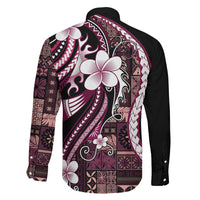 Samoa Siapo Tribal Pattern Family Matching Off Shoulder Short Dress and Hawaiian Shirt Violet Polynesian Plumeria Tapa Motif
