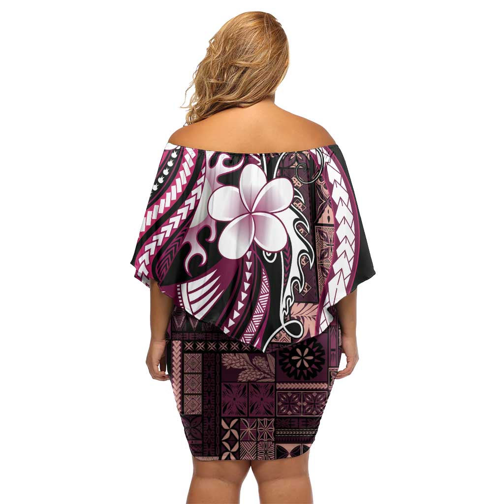 Samoa Siapo Tribal Pattern Family Matching Off Shoulder Short Dress and Hawaiian Shirt Violet Polynesian Plumeria Tapa Motif