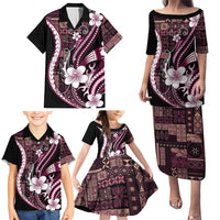 Samoa Siapo Tribal Pattern Family Matching Puletasi and Hawaiian Shirt Violet Polynesian Plumeria Tapa Motif
