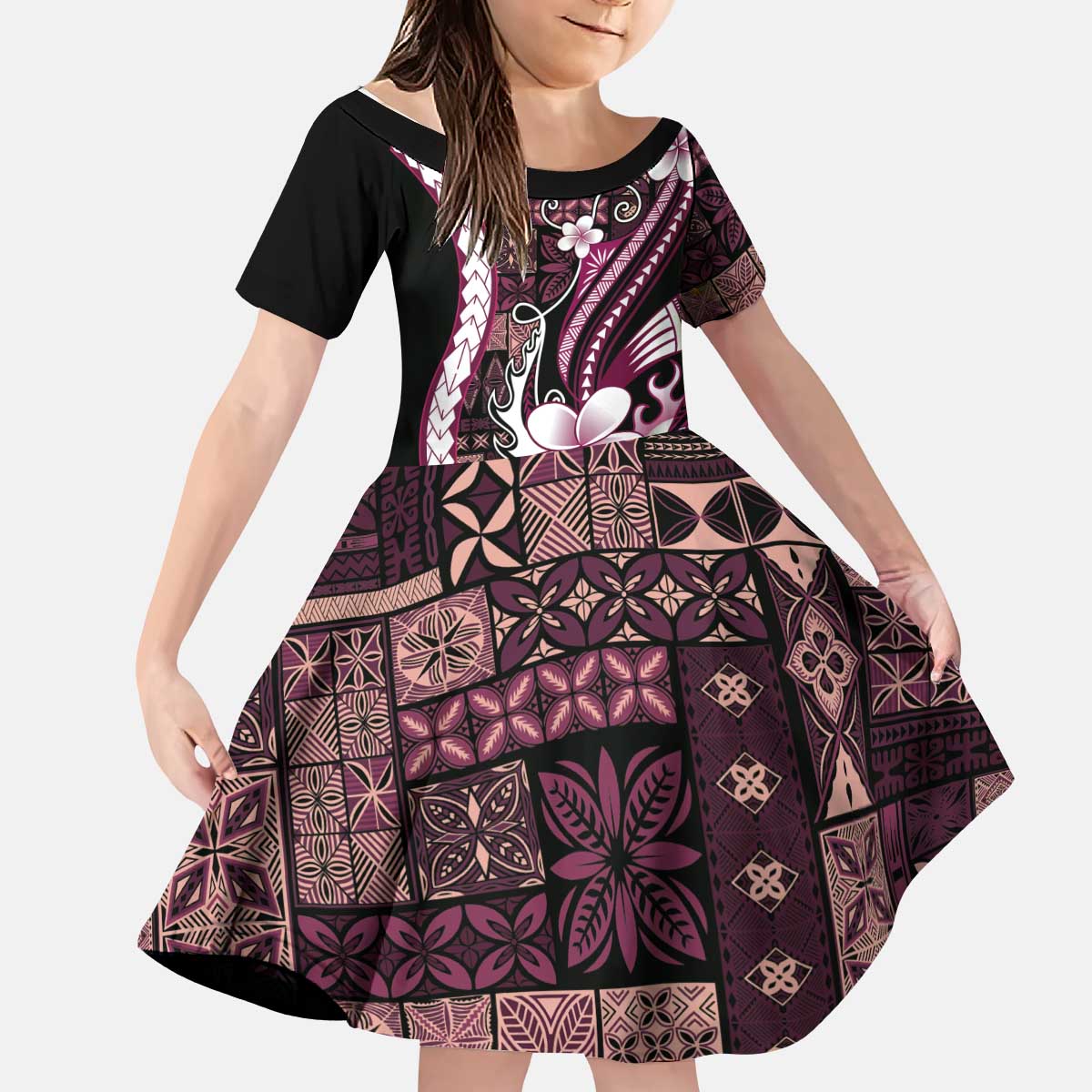 Samoa Siapo Tribal Pattern Kid Short Sleeve Dress Violet Polynesian Plumeria Tapa Motif LT9 KID Violet - Polynesian Pride