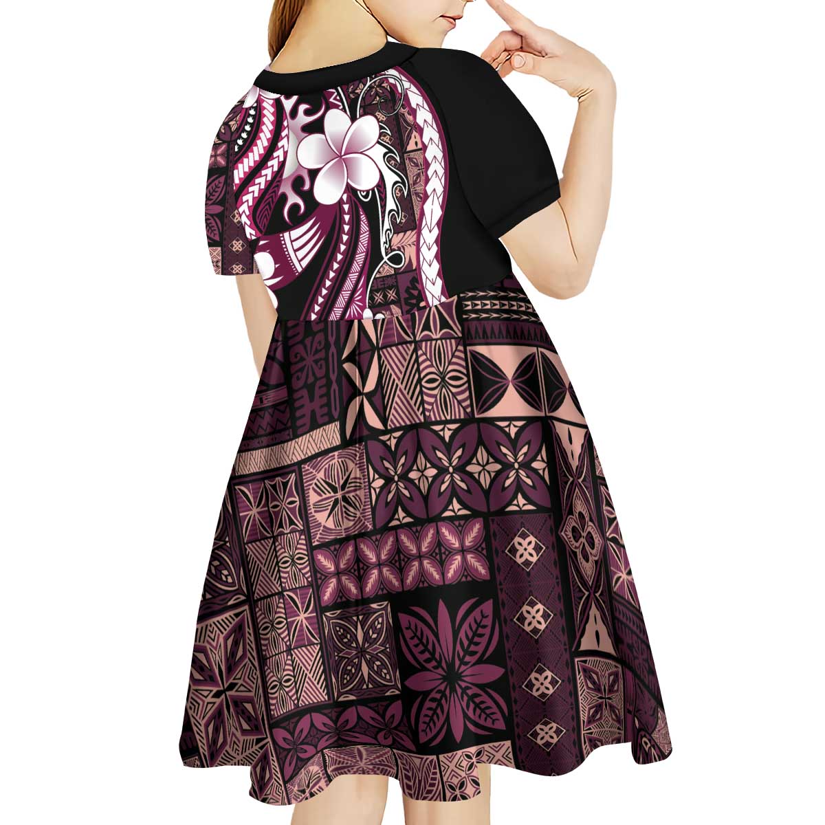 Samoa Siapo Tribal Pattern Kid Short Sleeve Dress Violet Polynesian Plumeria Tapa Motif LT9 - Polynesian Pride