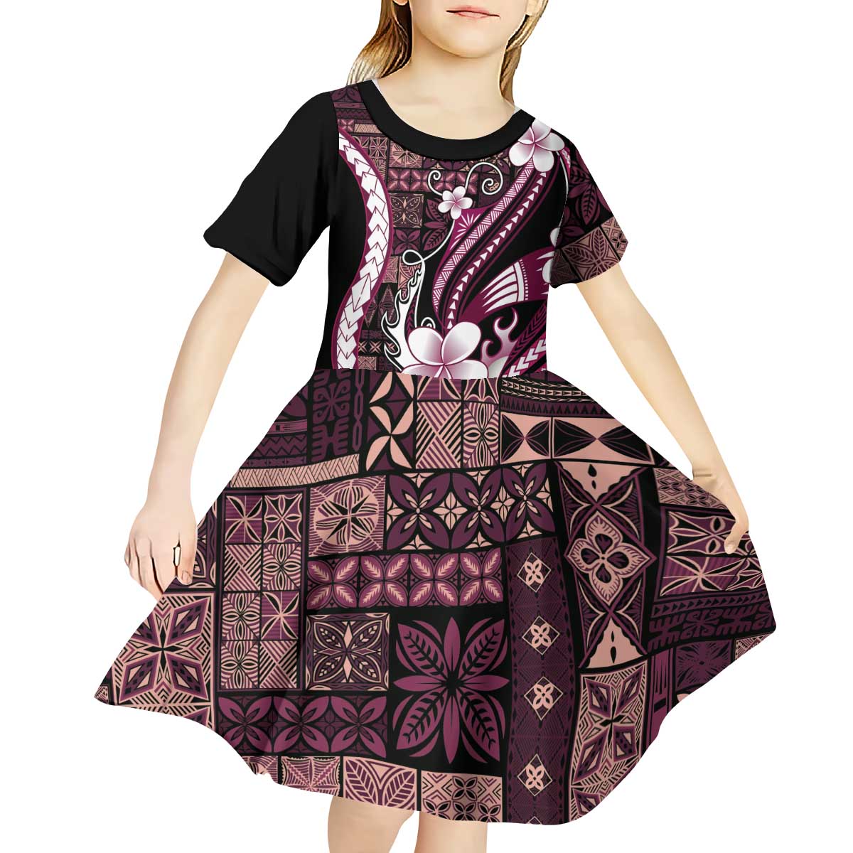 Samoa Siapo Tribal Pattern Kid Short Sleeve Dress Violet Polynesian Plumeria Tapa Motif LT9 - Polynesian Pride