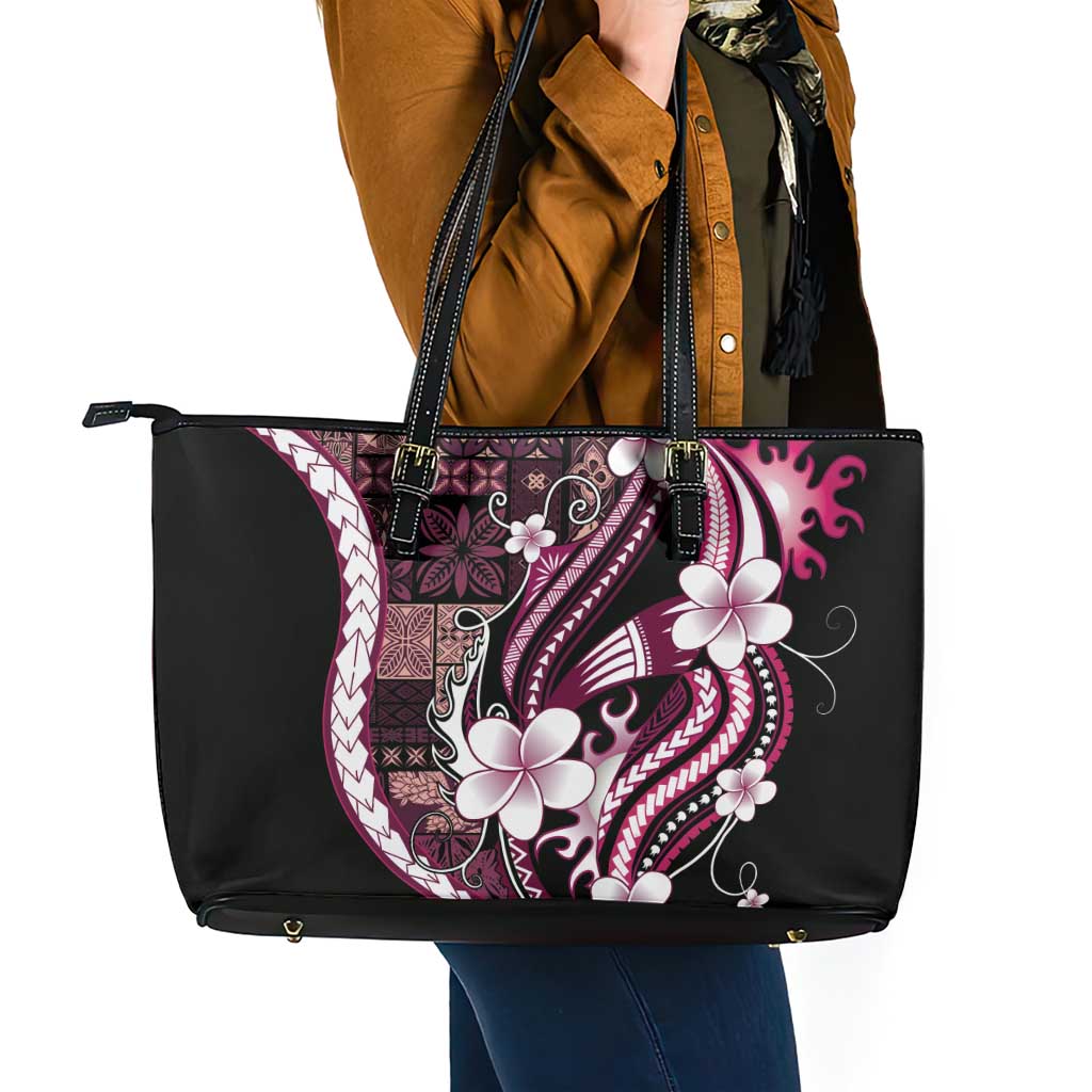 Samoa Siapo Tribal Pattern Leather Tote Bag Violet Polynesian Plumeria Tapa Motif LT9 - Polynesian Pride
