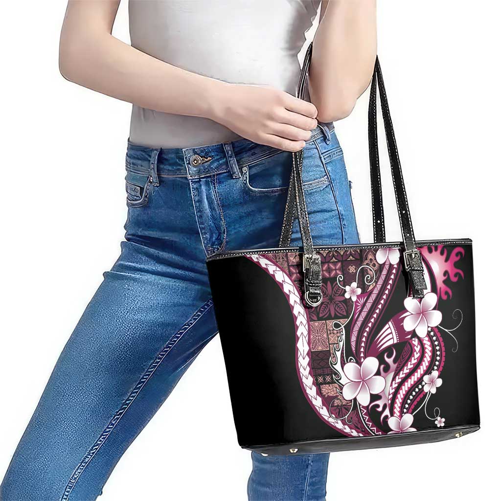 Samoa Siapo Tribal Pattern Leather Tote Bag Violet Polynesian Plumeria Tapa Motif LT9 - Polynesian Pride