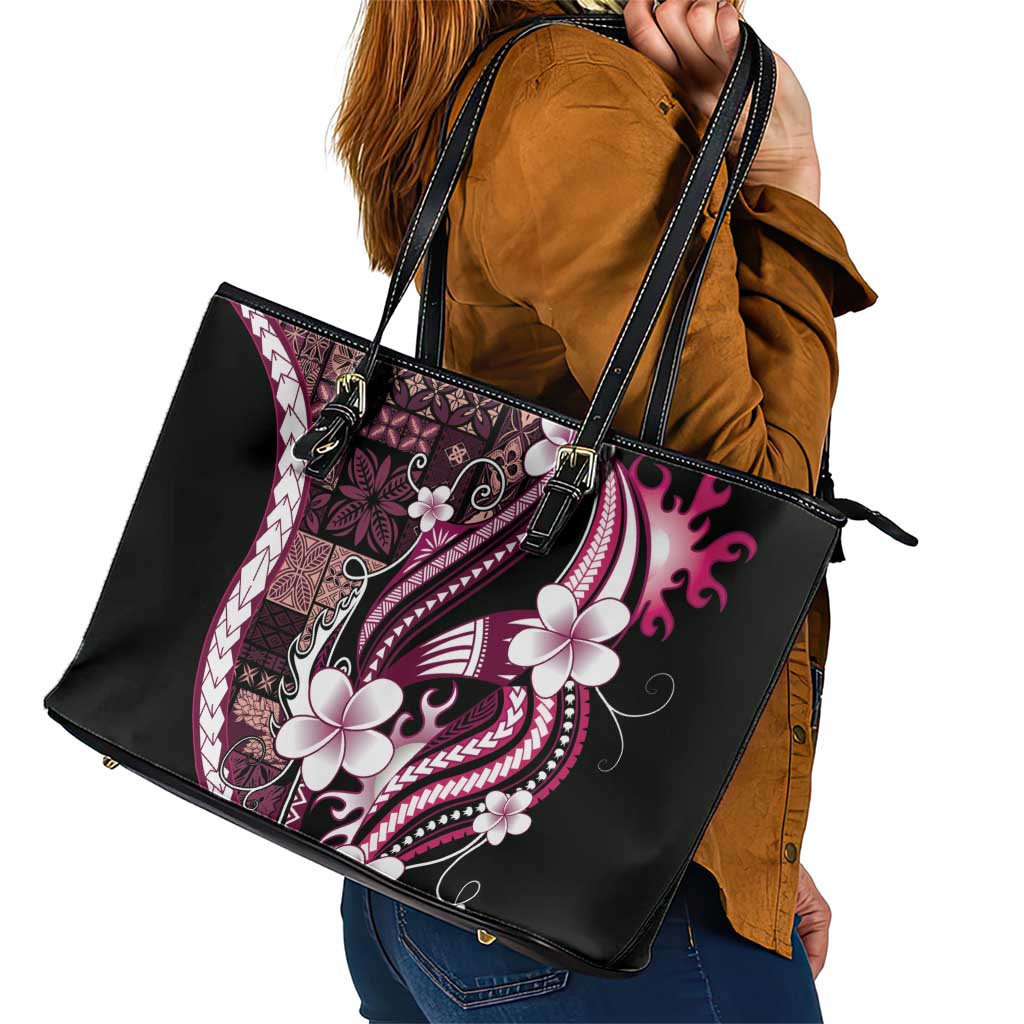 Samoa Siapo Tribal Pattern Leather Tote Bag Violet Polynesian Plumeria Tapa Motif LT9 - Polynesian Pride