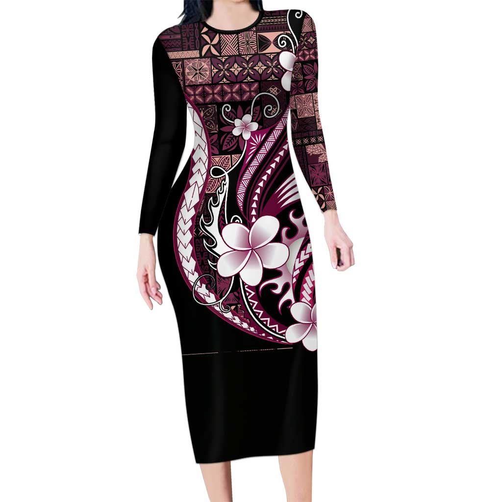 Samoa Siapo Tribal Pattern Long Sleeve Bodycon Dress Violet Polynesian Plumeria Tapa Motif LT9 Long Dress Violet - Polynesian Pride