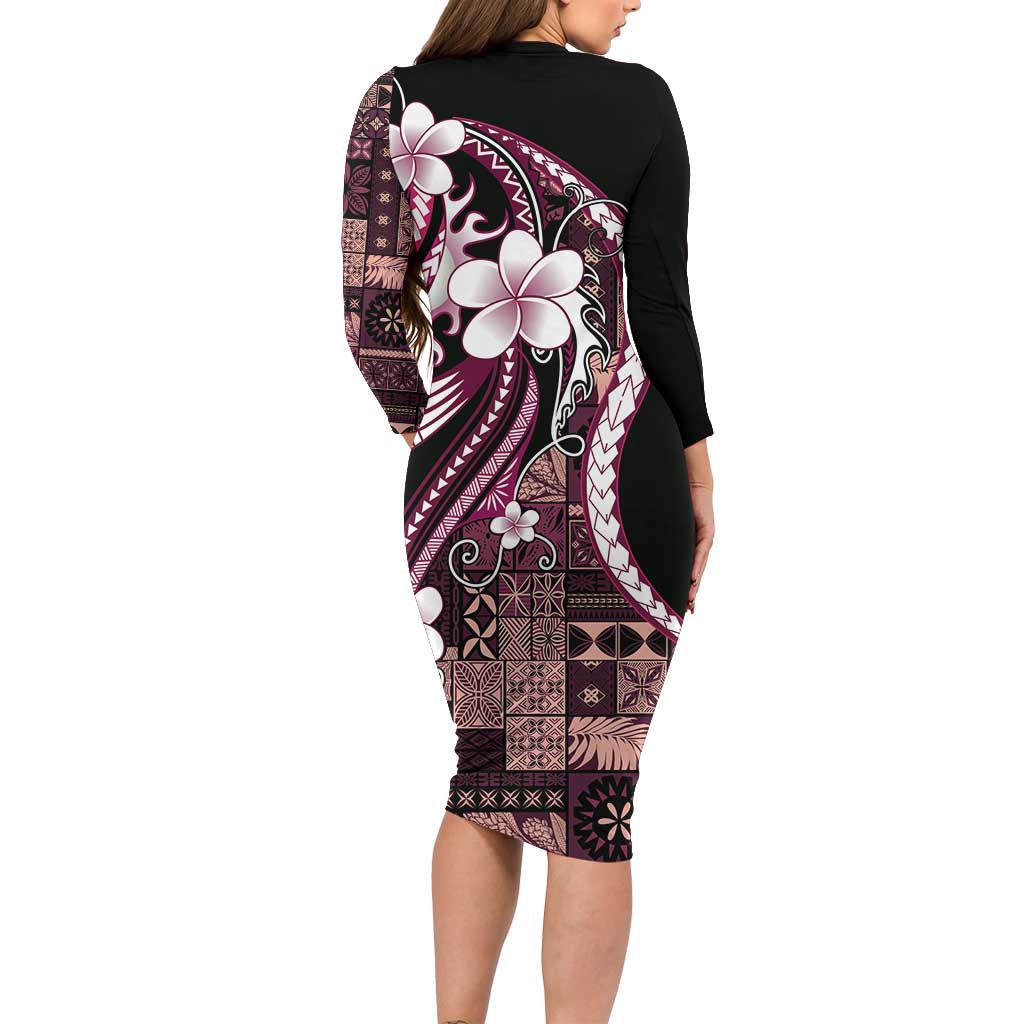 Samoa Siapo Tribal Pattern Long Sleeve Bodycon Dress Violet Polynesian Plumeria Tapa Motif LT9 - Polynesian Pride