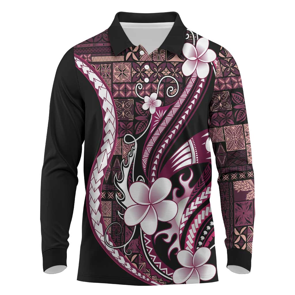 Samoa Siapo Tribal Pattern Long Sleeve Polo Shirt Violet Polynesian Plumeria Tapa Motif LT9 Violet - Polynesian Pride