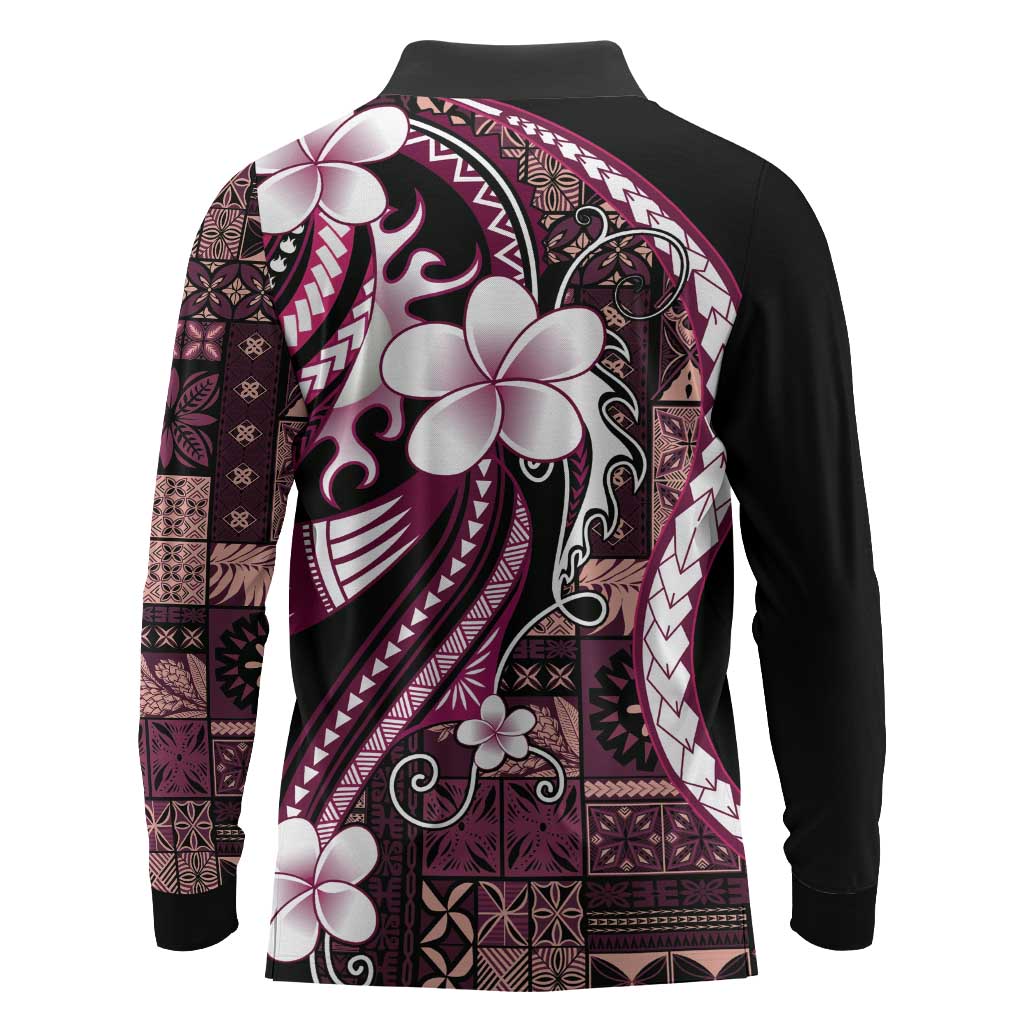 Samoa Siapo Tribal Pattern Long Sleeve Polo Shirt Violet Polynesian Plumeria Tapa Motif LT9 - Polynesian Pride