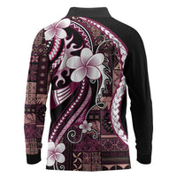 Samoa Siapo Tribal Pattern Long Sleeve Polo Shirt Violet Polynesian Plumeria Tapa Motif LT9 - Polynesian Pride