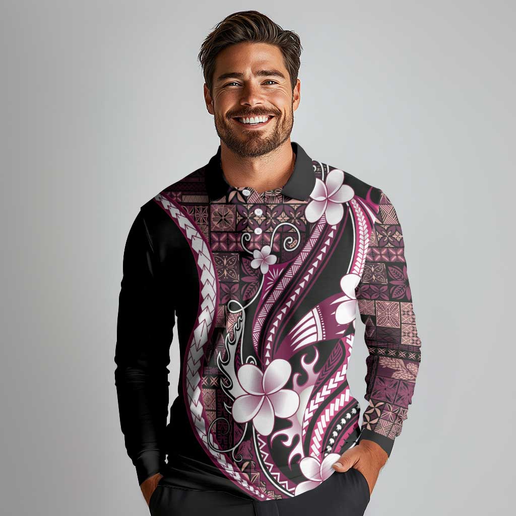 Samoa Siapo Tribal Pattern Long Sleeve Polo Shirt Violet Polynesian Plumeria Tapa Motif LT9 - Polynesian Pride