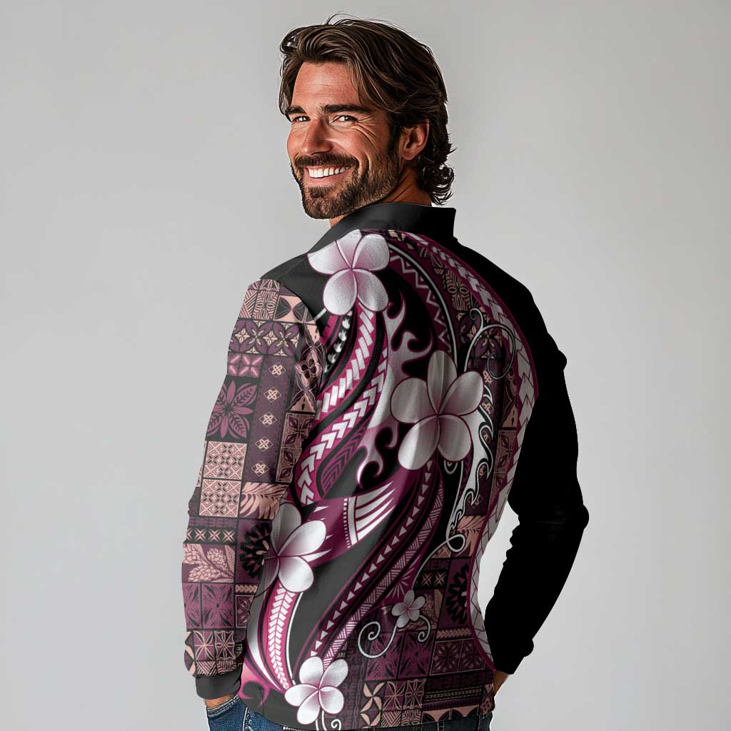 Samoa Siapo Tribal Pattern Long Sleeve Polo Shirt Violet Polynesian Plumeria Tapa Motif LT9 - Polynesian Pride