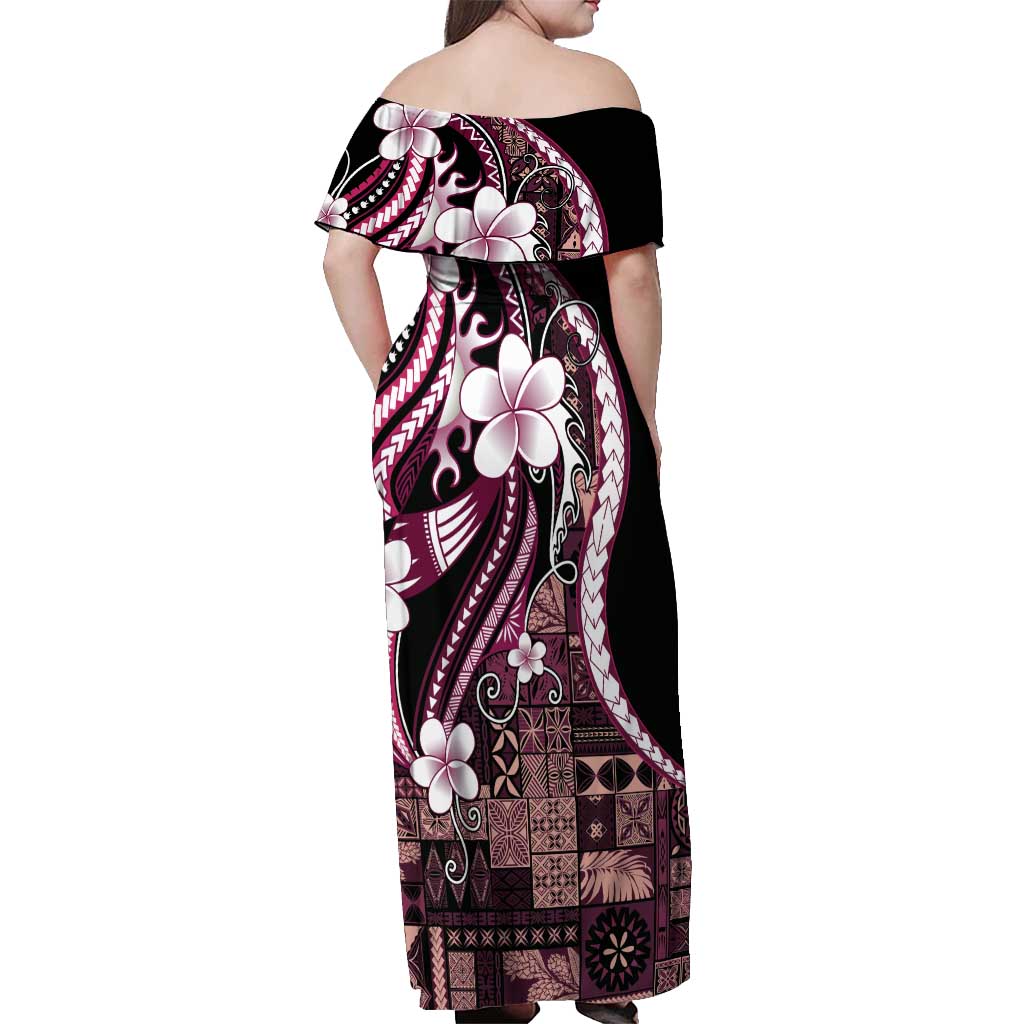 Samoa Siapo Tribal Pattern Off Shoulder Maxi Dress Violet Polynesian Plumeria Tapa Motif LT9 - Polynesian Pride