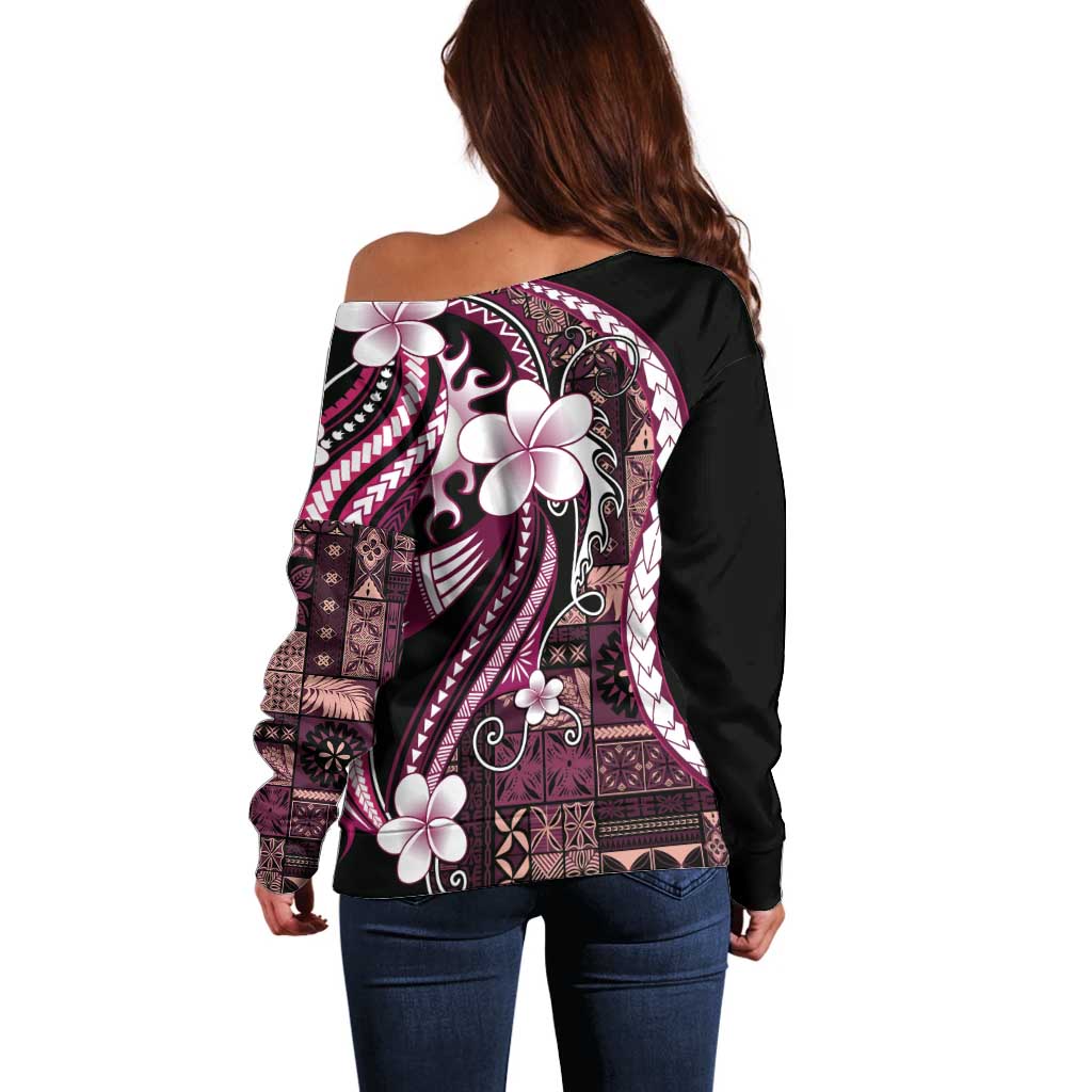 Samoa Siapo Tribal Pattern Off Shoulder Sweater Violet Polynesian Plumeria Tapa Motif LT9 - Polynesian Pride