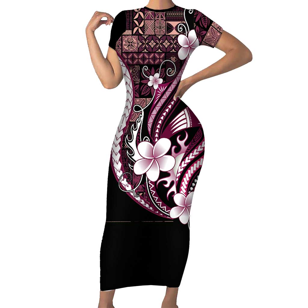 Samoa Siapo Tribal Pattern Short Sleeve Bodycon Dress Violet Polynesian Plumeria Tapa Motif LT9 Long Dress Violet - Polynesian Pride