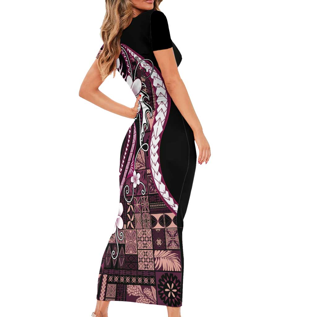 Samoa Siapo Tribal Pattern Short Sleeve Bodycon Dress Violet Polynesian Plumeria Tapa Motif LT9 - Polynesian Pride