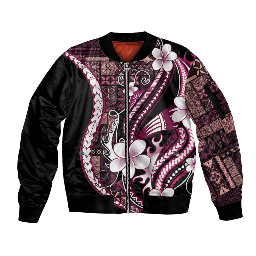 Samoa Siapo Tribal Pattern Sleeve Zip Bomber Jacket Violet Polynesian Plumeria Tapa Motif LT9 Unisex Violet - Polynesian Pride