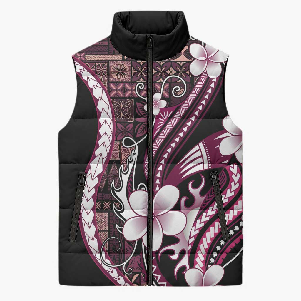 Samoa Siapo Tribal Pattern Sleeveless Puffer Jacket Violet Polynesian Plumeria Tapa Motif