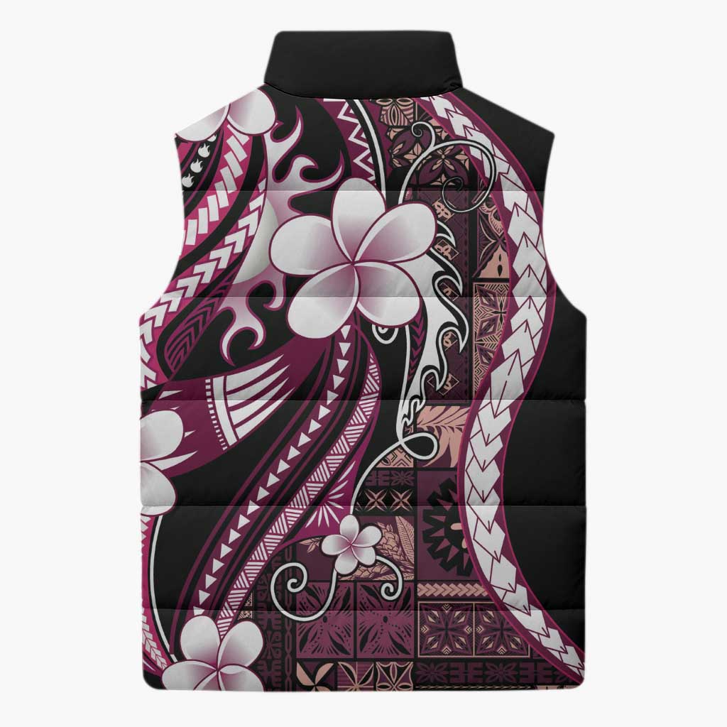 Samoa Siapo Tribal Pattern Sleeveless Puffer Jacket Violet Polynesian Plumeria Tapa Motif