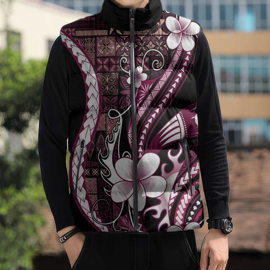 Samoa Siapo Tribal Pattern Sleeveless Puffer Jacket Violet Polynesian Plumeria Tapa Motif