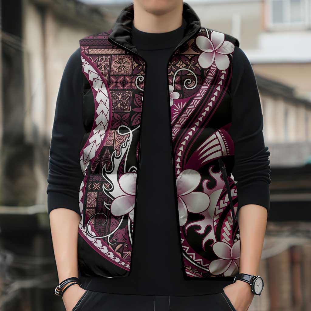 Samoa Siapo Tribal Pattern Sleeveless Puffer Jacket Violet Polynesian Plumeria Tapa Motif
