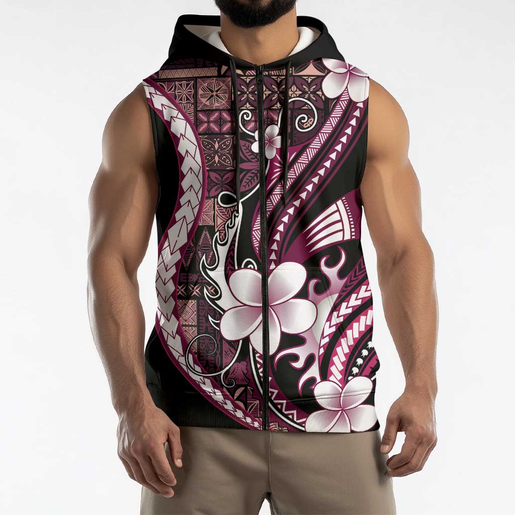 Samoa Siapo Tribal Pattern Sleeveless Zip Hoodie Violet Polynesian Plumeria Tapa Motif LT9 - Polynesian Pride