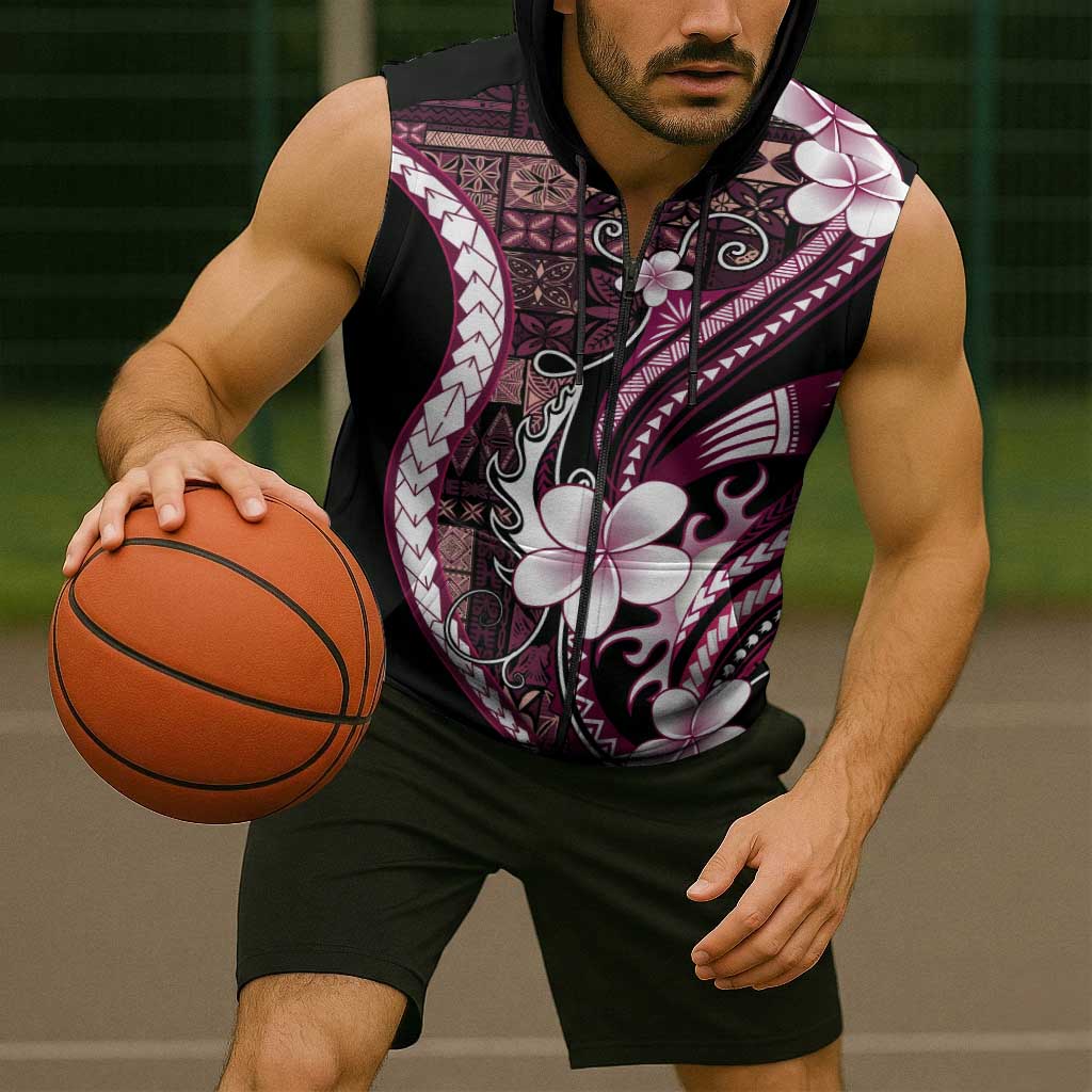 Samoa Siapo Tribal Pattern Sleeveless Zip Hoodie Violet Polynesian Plumeria Tapa Motif LT9 - Polynesian Pride
